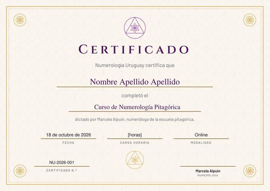 Certificado de ejemplo del curso de numerología, con el logo de Numerología Uruguay y la firma de Marcela Alpuin